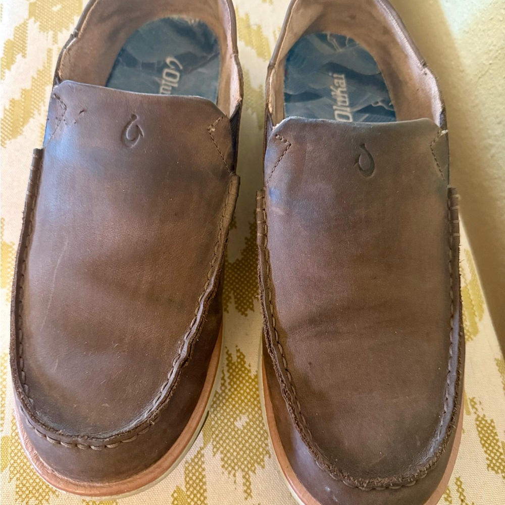 OluKai Brown Leather Slip-On Loafers